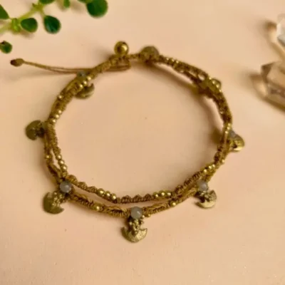 Tornozeleira Dupla de Macramê com Pedra Natural