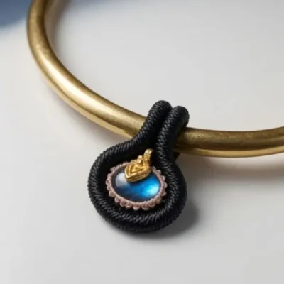 Choker Dourada e Pingente de Macramê com Pedra Labradorita