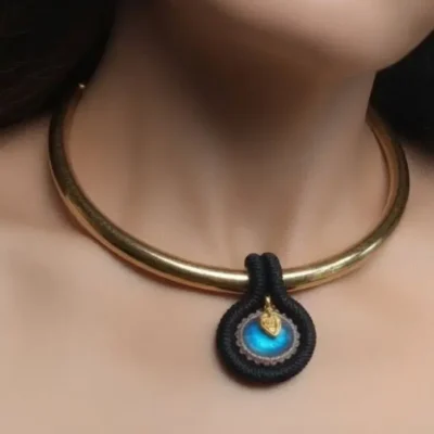Alternative view of Choker Dourada e Pingente de Macramê com Pedra Labradorita