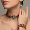 Conjunto de 3 peças Choker Pulseira e Brincos Turquesa e Coral Vermelho - Imagem 3