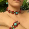Conjunto de 3 peças Choker Pulseira e Brincos Turquesa e Coral Vermelho