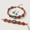 Conjunto de 3 peças Choker Pulseira e Brincos Turquesa e Coral Vermelho - Imagem 2
