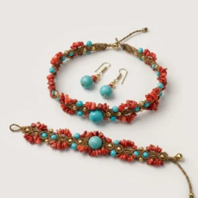 Alternative view of Conjunto de 3 peças Choker Pulseira e Brincos Turquesa e Coral Vermelho